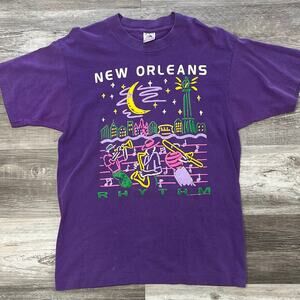 Vintage New Orleans Purple Mens Medium Pop Art Rhythm Fruit of The Loom‎ T-Shirt